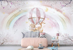 Tapet Personalizat Taramul Printeselor pentru copii cu animalute in baloan roz cu aer cald sub curcubeu pastel - FLYING OVER PINK