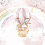 Tapet Personalizat Taramul Printeselor pentru copii cu animalute in baloan roz cu aer cald sub curcubeu pastel - FLYING OVER PINK