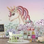 Tapet Personalizat Taramul Printeselor pentru copii cu unicorn floral in nuante de roz - FLORAL BABY UNICORN