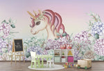 Tapet Personalizat Taramul Printeselor pentru copii cu unicorn floral in nuante de roz - FLORAL BABY UNICORN