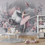 Tapet Personalizat Taramul Printeselor pentru copii cu unicorn si balerina cu elemente florale in nuante de roz - UNICORN BALLERINA
