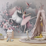 Tapet Personalizat Taramul Printeselor pentru copii cu unicorn si balerina cu elemente florale in nuante de roz - UNICORN BALLERINA