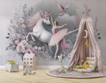 Tapet Personalizat Taramul Printeselor pentru copii cu unicorn si balerina cu elemente florale in nuante de roz - UNICORN BALLERINA