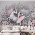 Tapet Personalizat Taramul Printeselor pentru copii cu unicorn si balerina cu elemente florale in nuante de roz - UNICORN BALLERINA