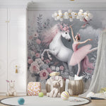 Tapet Personalizat Taramul Printeselor pentru copii cu unicorn si balerina cu elemente florale in nuante de roz - UNICORN BALLERINA