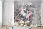 Tapet Personalizat Taramul Printeselor pentru copii cu unicorn si balerina cu elemente florale in nuante de roz - UNICORN BALLERINA