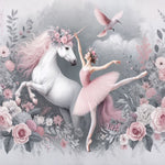 Tapet Personalizat Taramul Printeselor pentru copii cu unicorn si balerina cu elemente florale in nuante de roz - UNICORN BALLERINA
