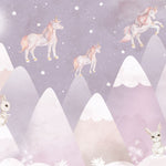 Tapet Personalizat Taramul Printeselor pentru copii cu iepurasi si unicorni deasupra muntilor in nuante de mov - NIGHTY BUNNY UNICORN
