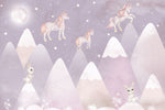 Tapet Personalizat Taramul Printeselor pentru copii cu iepurasi si unicorni deasupra muntilor in nuante de mov - NIGHTY BUNNY UNICORN