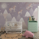 Tapet Personalizat Taramul Printeselor pentru copii cu iepurasi si unicorni deasupra muntilor in nuante de mov - NIGHTY BUNNY UNICORN