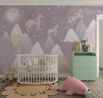 Tapet Personalizat Taramul Printeselor pentru copii cu iepurasi si unicorni deasupra muntilor in nuante de mov - NIGHTY BUNNY UNICORN