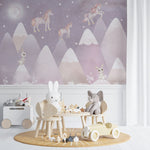Tapet Personalizat Taramul Printeselor pentru copii cu iepurasi si unicorni deasupra muntilor in nuante de mov - NIGHTY BUNNY UNICORN