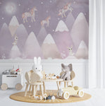 Tapet Personalizat Taramul Printeselor pentru copii cu iepurasi si unicorni deasupra muntilor in nuante de mov - NIGHTY BUNNY UNICORN