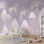Tapet Personalizat Taramul Printeselor pentru copii cu iepurasi si unicorni deasupra muntilor in nuante de mov - NIGHTY BUNNY UNICORN