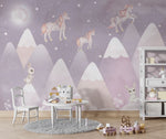 Tapet Personalizat Taramul Printeselor pentru copii cu iepurasi si unicorni deasupra muntilor in nuante de mov - NIGHTY BUNNY UNICORN
