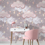 Tapet Personalizat Taramul Printeselor pentru copii cu norisori roz cu picaturi si stelute  - DRIPPY CLOUDS