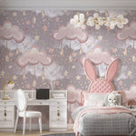 Tapet Personalizat Taramul Printeselor pentru copii cu norisori roz cu picaturi si stelute  - DRIPPY CLOUDS