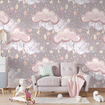 Tapet Personalizat Taramul Printeselor pentru copii cu norisori roz cu picaturi si stelute  - DRIPPY CLOUDS