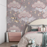 Tapet Personalizat Taramul Printeselor pentru copii cu norisori roz cu picaturi si stelute  - DRIPPY CLOUDS