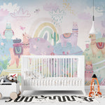 Tapet Personalizat Taramul Printeselor pentru copii cu lame multicolore decorate si dealuri cu vegetatie roz - PINK LAMMA WORLD