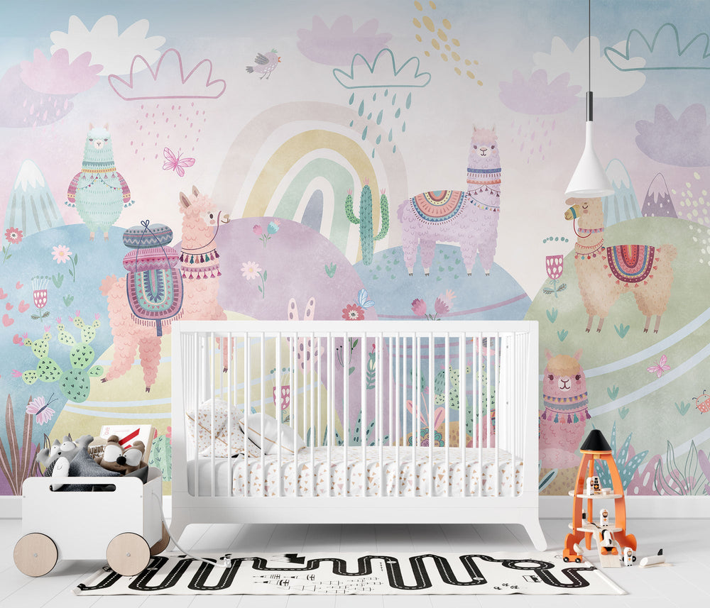 Tapet Personalizat Taramul Printeselor pentru copii cu lame multicolore decorate si dealuri cu vegetatie roz - PINK LAMMA WORLD