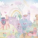 Tapet Personalizat Taramul Printeselor pentru copii cu lame multicolore decorate si dealuri cu vegetatie roz - PINK LAMMA WORLD