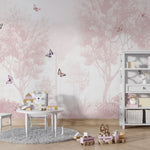 Tapet Personalizat Taramul Printeselor pentru copii cu padure roz si fluturi colorati - PINK FOREST BUTTERFLIES