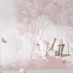 Tapet Personalizat Taramul Printeselor pentru copii cu padure roz si fluturi colorati - PINK FOREST BUTTERFLIES