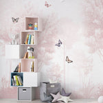 Tapet Personalizat Taramul Printeselor pentru copii cu padure roz si fluturi colorati - PINK FOREST BUTTERFLIES