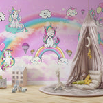 Tapet Personalizat Taramul Printeselor pentru copii cu ponei unicorni si baloane peste curcubeu pe un fundal roz - MAGIC UNICORNS