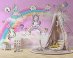 Tapet Personalizat Taramul Printeselor pentru copii cu ponei unicorni si baloane peste curcubeu pe un fundal roz - MAGIC UNICORNS