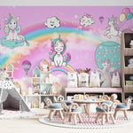 Tapet Personalizat Taramul Printeselor pentru copii cu ponei unicorni si baloane peste curcubeu pe un fundal roz - MAGIC UNICORNS