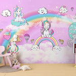 Tapet Personalizat Taramul Printeselor pentru copii cu ponei unicorni si baloane peste curcubeu pe un fundal roz - MAGIC UNICORNS