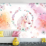 Tapet Personalizat Taramul Printeselor pentru copii cu portret pictat de unicorn cu motive florale - UNICORN PORTRAIT