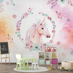 Tapet Personalizat Taramul Printeselor pentru copii cu portret pictat de unicorn cu motive florale - UNICORN PORTRAIT