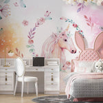 Tapet Personalizat Taramul Printeselor pentru copii cu portret pictat de unicorn cu motive florale - UNICORN PORTRAIT
