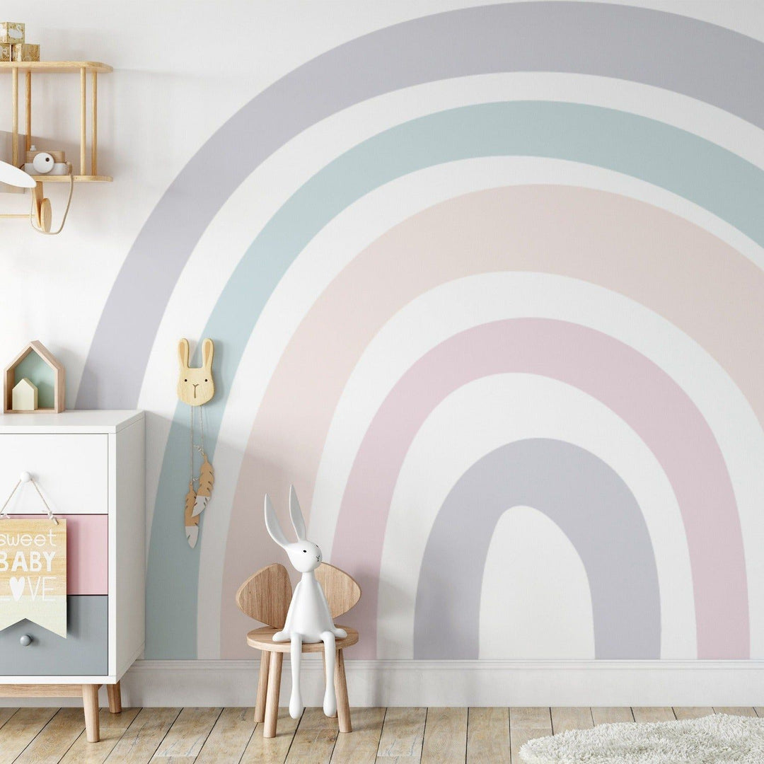 Tapet Personalizat Taramul Printeselor pentru copii cu curcubeu minimalist in nuante pastel - PASTEL RAINBOW