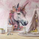 Tapet Personalizat Taramul Printeselor pentru copii cu unicorn si elemente florale - FLORAL UNICORN PORTRAIT