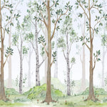 Tapet personalizat natura pentru copii cu copaci intr o padure verde in ceata foggy forest