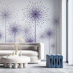 Tapet personalizat natura pentru copii cu flori de papadii mov pe fundal alb purple dandelions