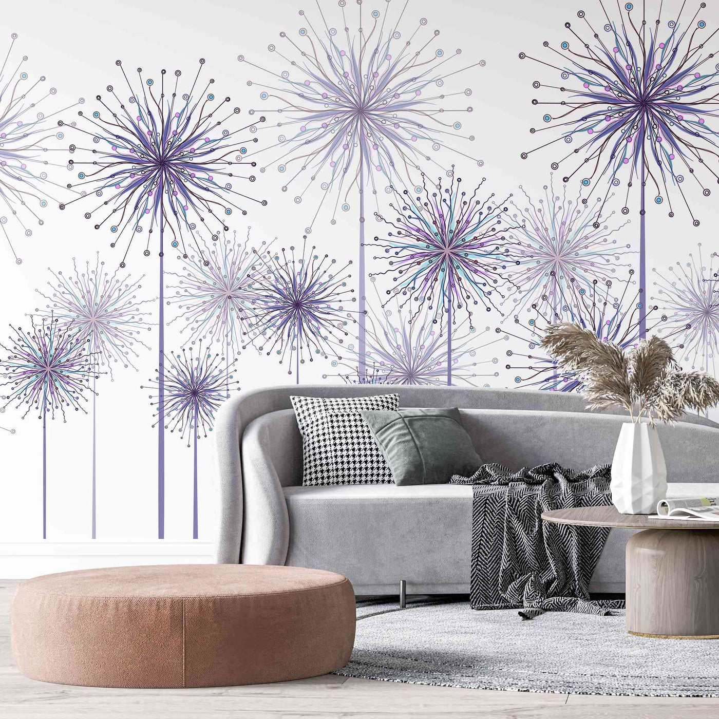 fototapet-personalizat-natura-pentru-copii-cu-flori-de-papadii-mov-pe-fundal-alb-purple-dandelions