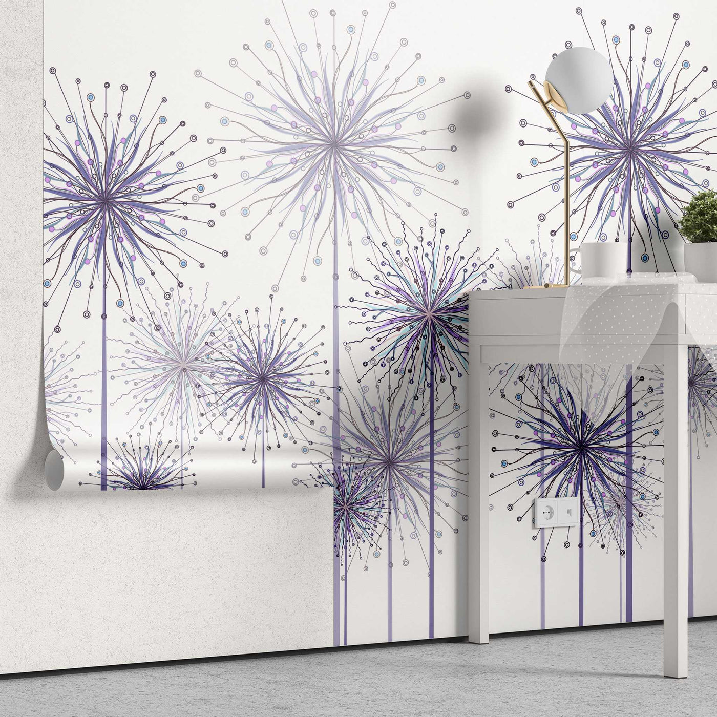 fototapet-personalizat-natura-pentru-copii-cu-flori-de-papadii-mov-pe-fundal-alb-purple-dandelions