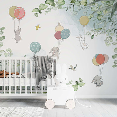 fototapet-personalizat-natura-pentru-copii-cu-iepurasi-plutind-cu-baloane-colorate-in-natura-pe-fundal-alb-baby-bunny