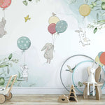 Tapet personalizat natura pentru copii cu iepurasi plutind cu baloane colorate in natura pe fundal alb baby bunny