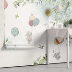Tapet personalizat natura pentru copii cu iepurasi plutind cu baloane colorate in natura pe fundal alb baby bunny