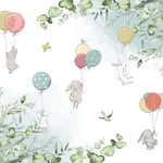 Tapet personalizat natura pentru copii cu iepurasi plutind cu baloane colorate in natura pe fundal alb baby bunny