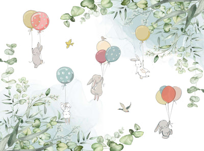 fototapet-personalizat-natura-pentru-copii-cu-iepurasi-plutind-cu-baloane-colorate-in-natura-pe-fundal-alb-baby-bunny