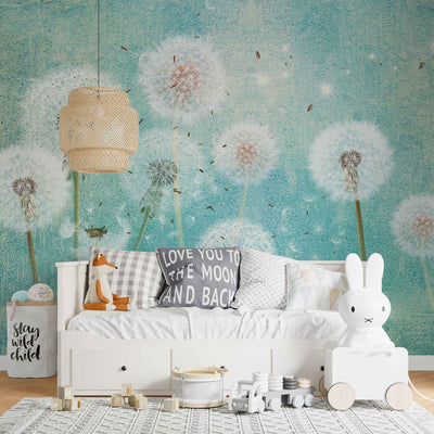 fototapet-personalizat-natura-pentru-copii-cu-flori-de-papadii-albe-pe-fundal-verde-turcoaz-white-dandelions