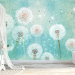 Tapet personalizat natura pentru copii cu flori de papadii albe pe fundal verde turcoaz white dandelions