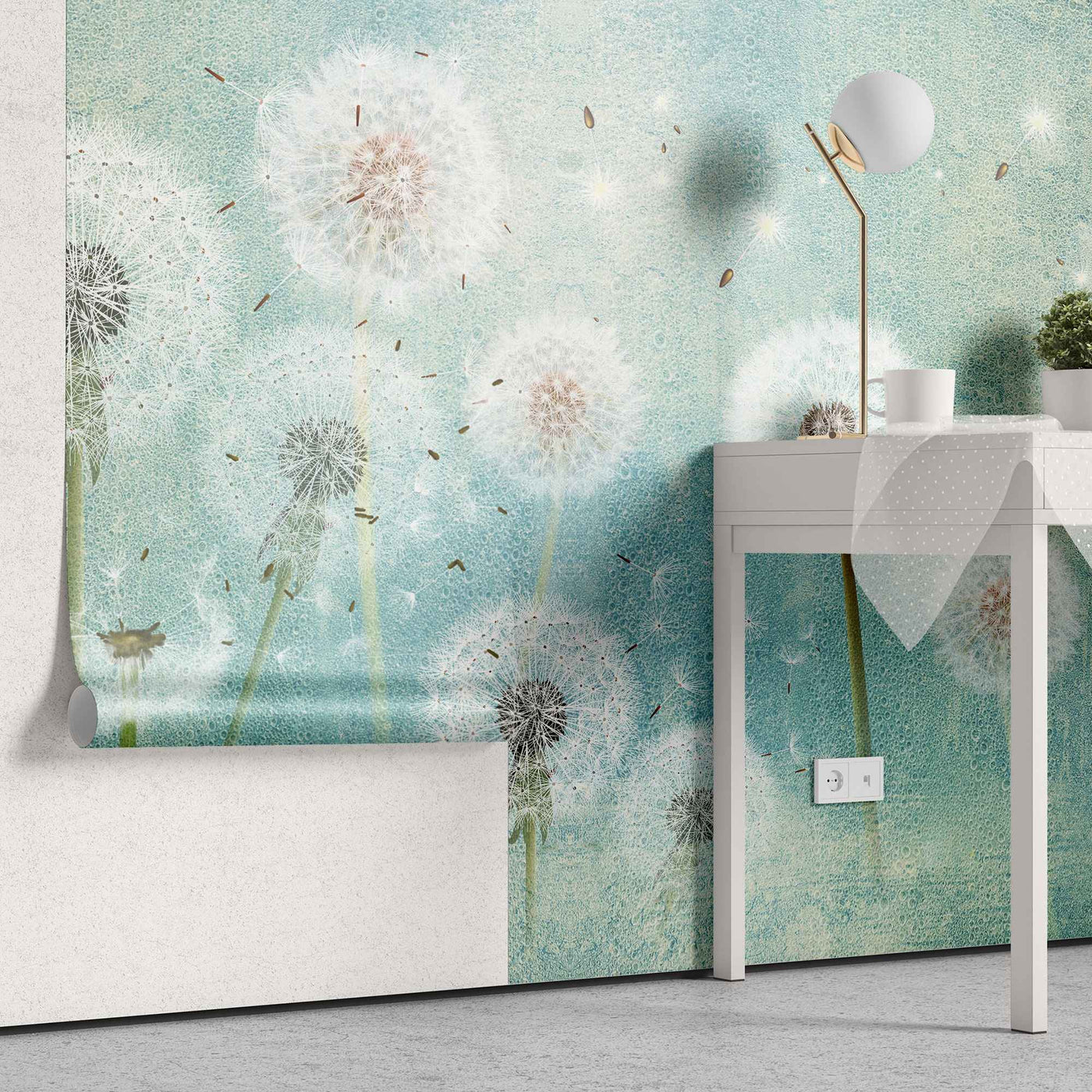 fototapet-personalizat-natura-pentru-copii-cu-flori-de-papadii-albe-pe-fundal-verde-turcoaz-white-dandelions